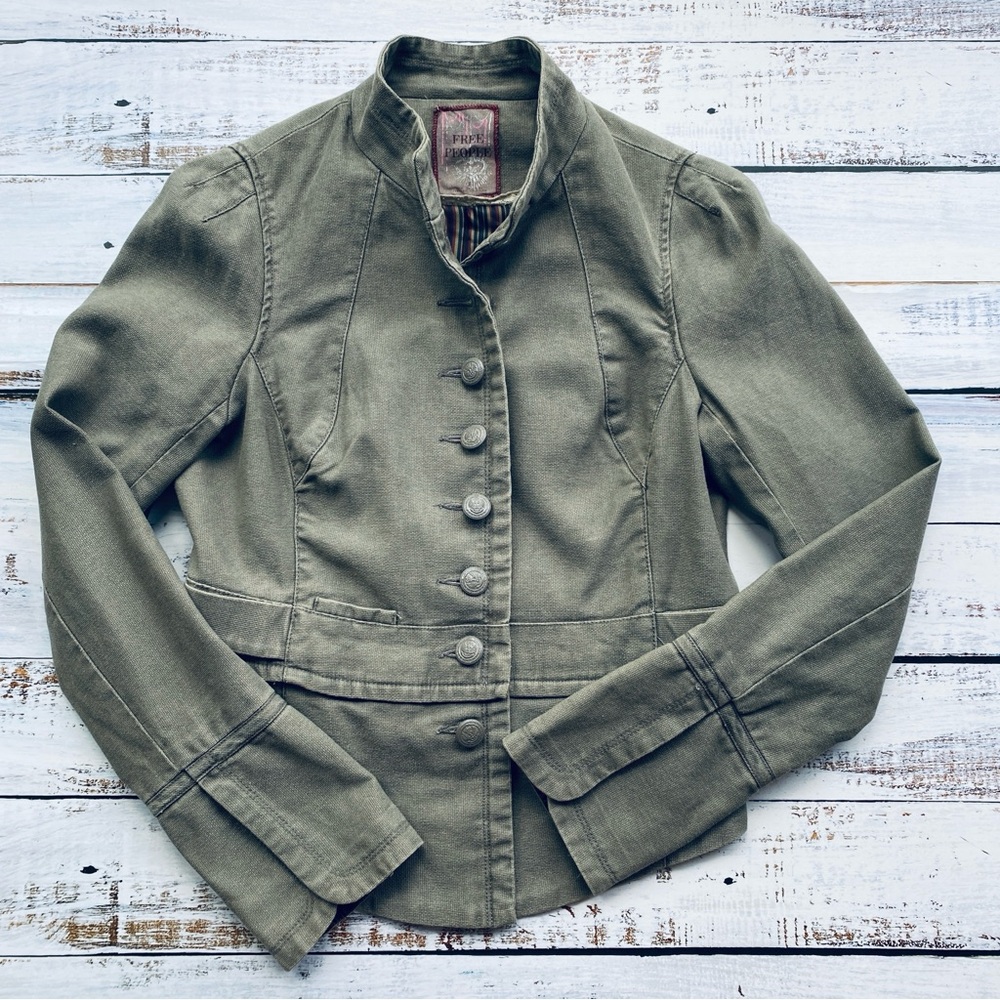 Free People Utility Jacket Blazer Military Khaki Ruffle Boho Festival Womens 6 S